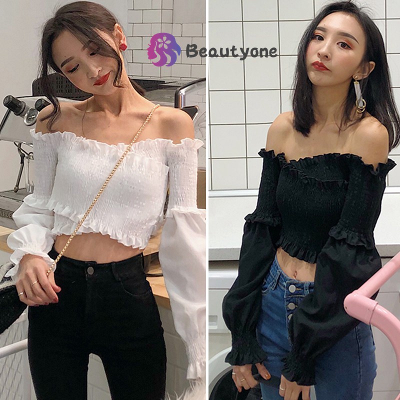 Áo Croptop Trễ Vai Tay Dài Phối Bèo Thiết Kế Quyến Rũ