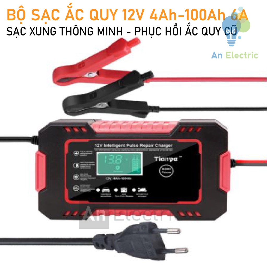 Bộ sạc ắc quy 12V/6A nhiều tính năng: phục hồi ắc quy cũ, tự ngắt, bảo vệ ngược cực, bảo vệ ngắn mạch ngõ ra (Mẫu đỏ)