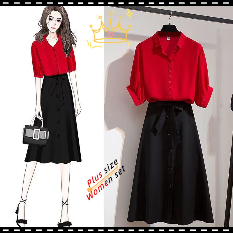 Set Áo Sơ Mi Đỏ Và Chân Váy Lưng Thun size Lớn 40-100kg M-5XL Thời Trang Giáng Sinh Cho Nữ
