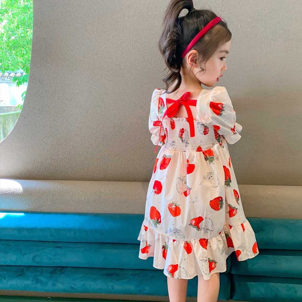 Đầm Đi Biển Vải Cotton Họa Tiết Dâu Tây Đáng Yêu Cho Bé Gái