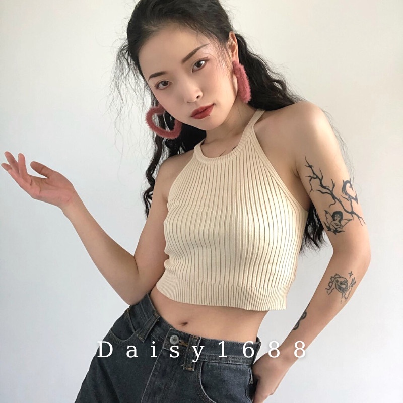 Áo Hai Dây Len Croptop Kiểu Cổ Yếm Basic Chất Đẹp Co Giãn Daisy1688