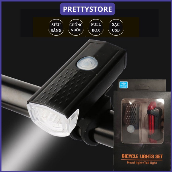 Bộ 2 đèn LED tín hiệu gắn đầu và đuôi xe đạp chuyên dụng tiện lợi chống nước sạc USB