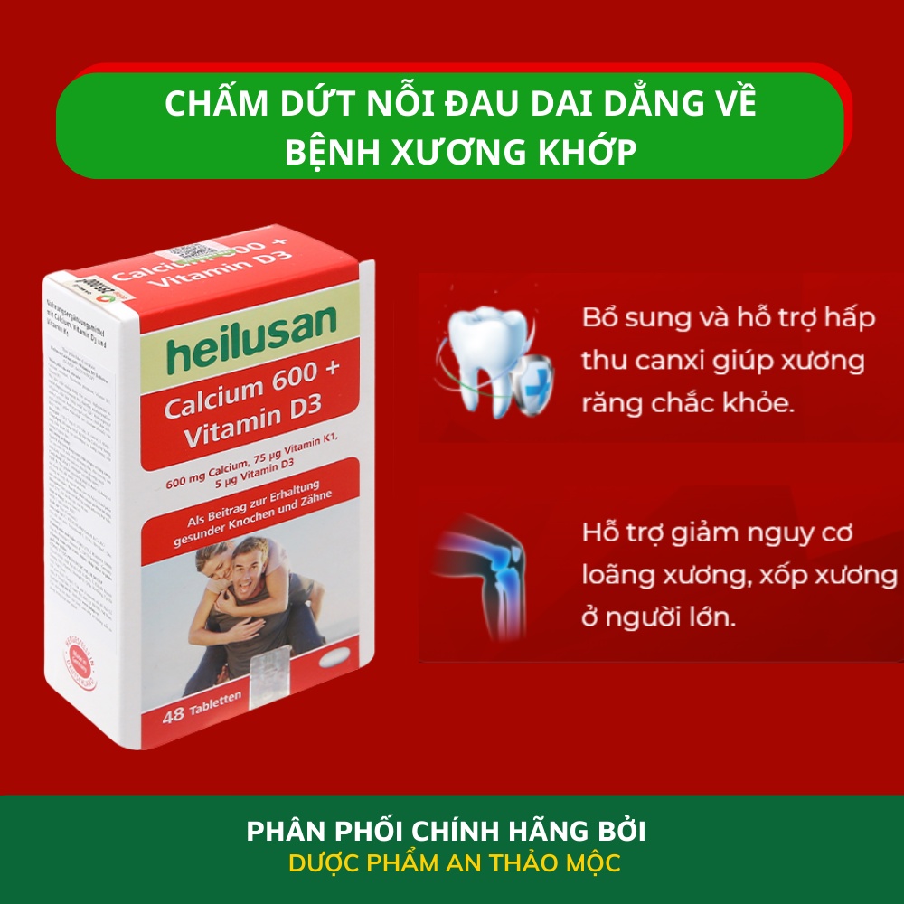 Viên uống Heilusan Calcium 600 Vitamin d3 bổ sung và hỗ trợ hấp thu canxi cho xương răng chắc khỏe giảm loãng xốp xuơng