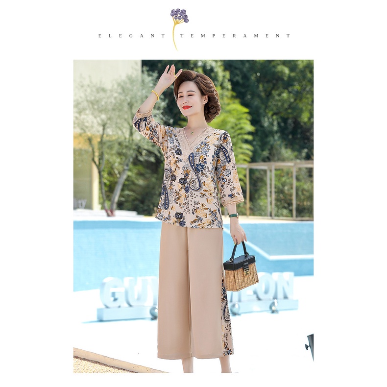 Đồ bộ trung niên nữ cho mẹ, Hàng Quảng Châu cao cấp, Bộ voan xanh dương Cổ chữ V V'vie Ladies #B22