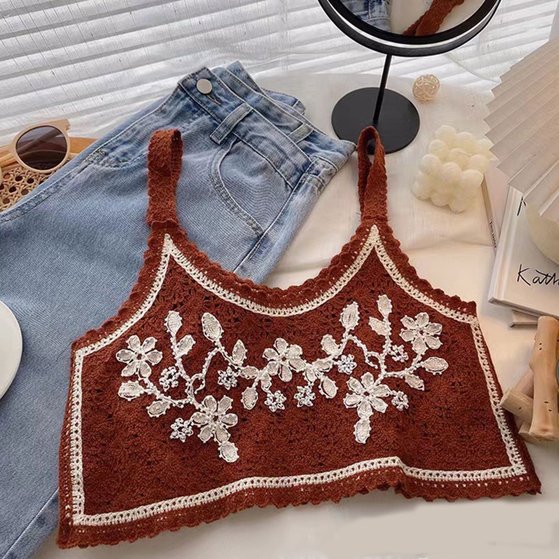 Áo Croptop Hai Dây Dệt Kim Thêu Hoa Lá Màu Sắc Tương Phản Thời Trang Cho Nữ
