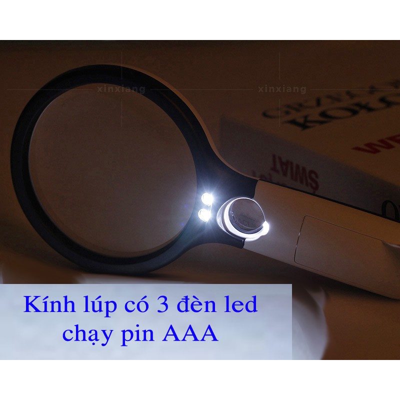 Kính lúp phóng đại đến 45 lần, có đèn led trợ sáng, kính lúp dạng tay cầm thuận tiện