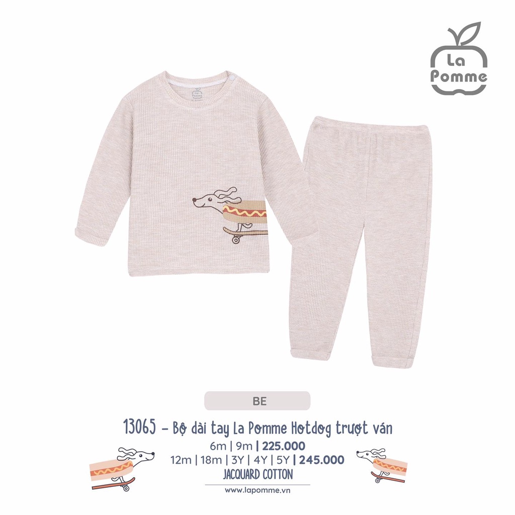 Bộ quần áo La Pomme dài tay Cotton cao cấp mềm mịn mát thấm hút tốt in chó lụm bánh hotdog cho bé trai bé gái 13065