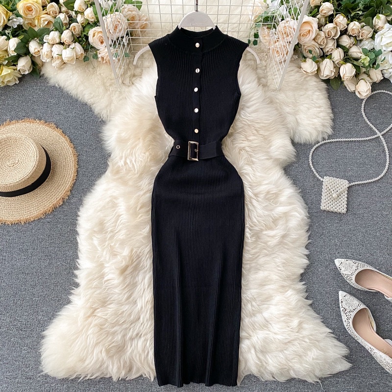 Đầm body thun gân kèm belt xẻ tà sau