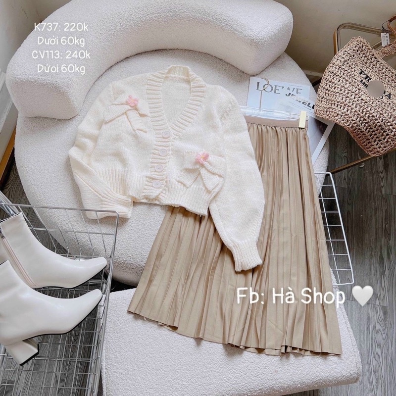 Áo cadigan len nơ trắng hồng siêu cưng, len Quảng dày dặn