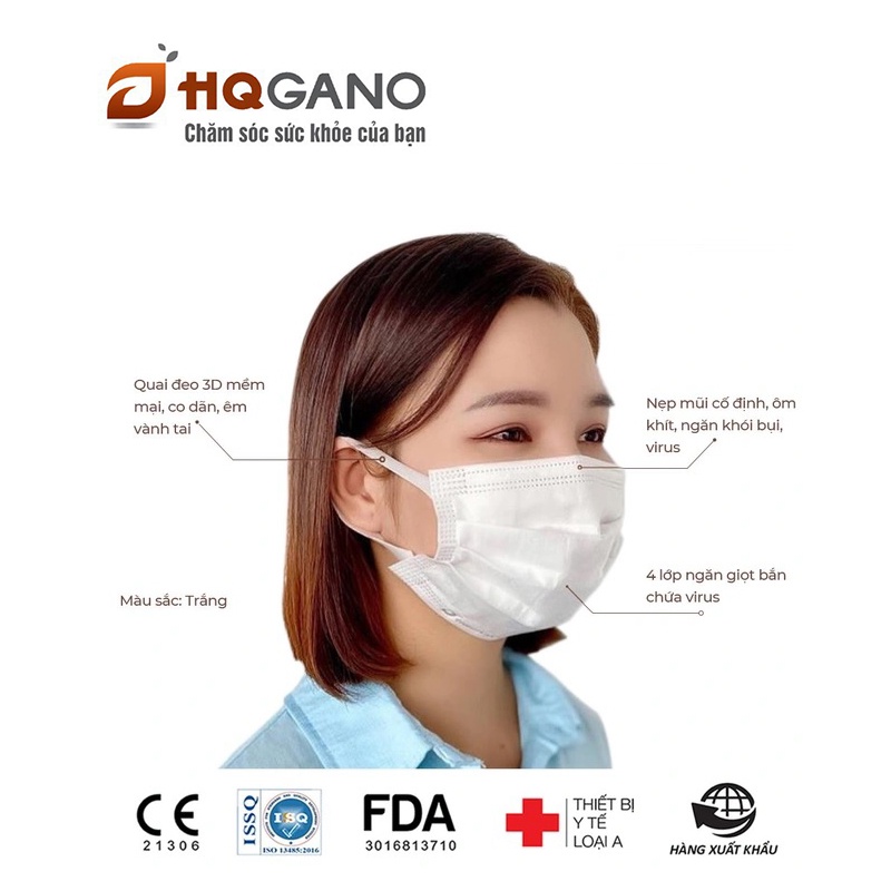Gói khẩu trang y tế quai 3D mới 4 lớp HQGANO chống bụi mịn, kháng khuẩn, không mùi, chất liệu cực mềm mại