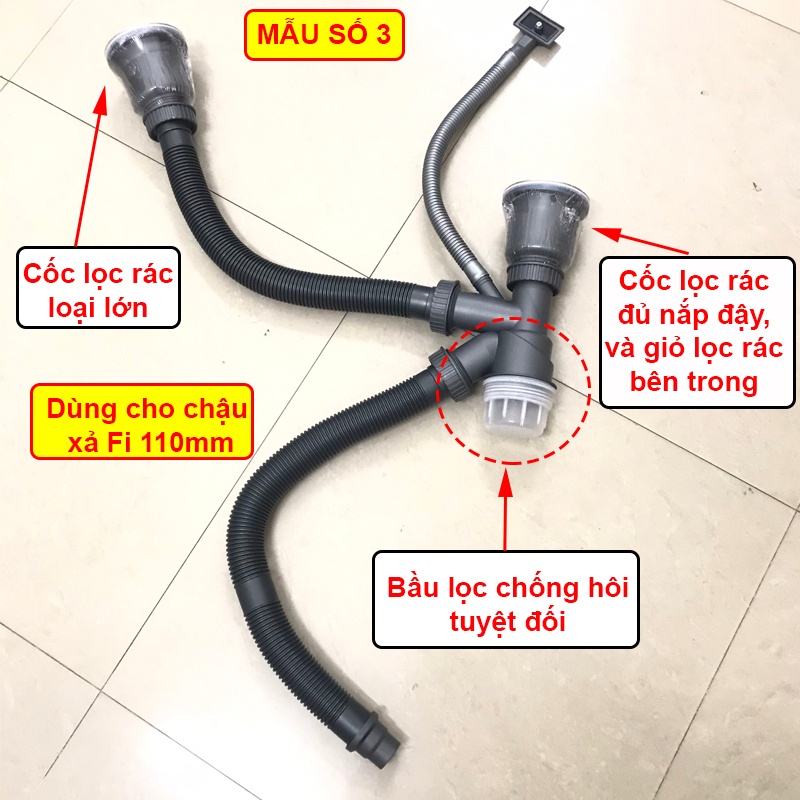 Bộ ống xả xi phông chống hôi gắn bồn rửa chén đúc 1 ngăn, 2 ngăn, chậu đúc đáy vuông fi 110mm