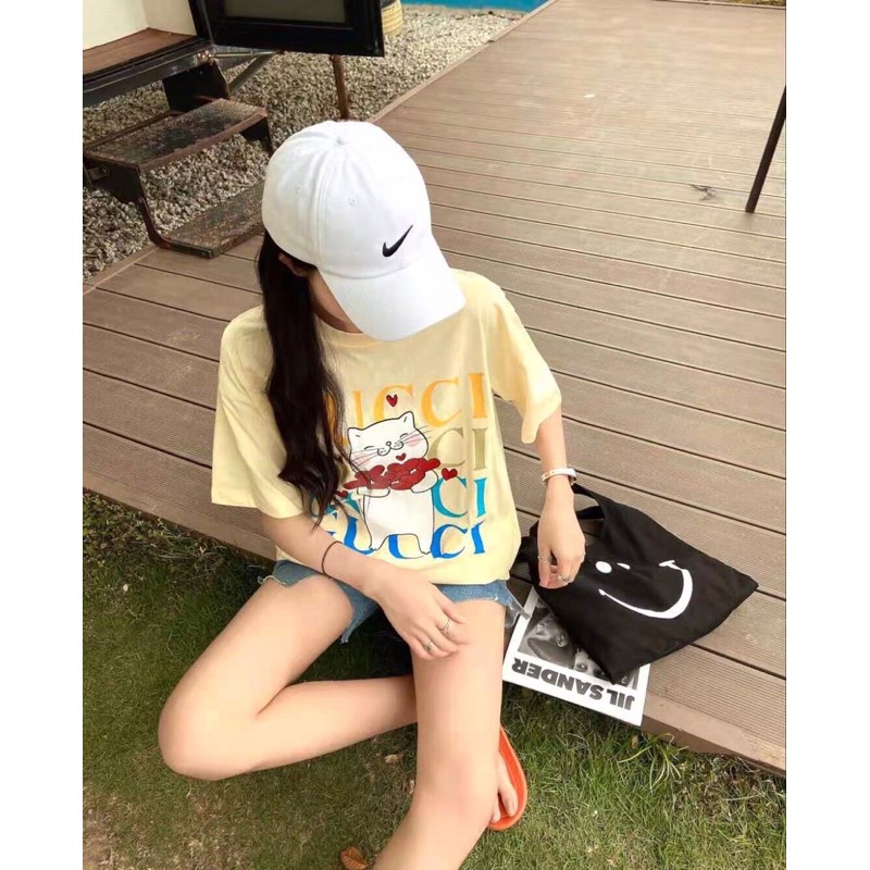 Áo phông nam nữ Gucci GC hàng cao cấp in hình mèo trépg logo thương hiệu siêu đẹp