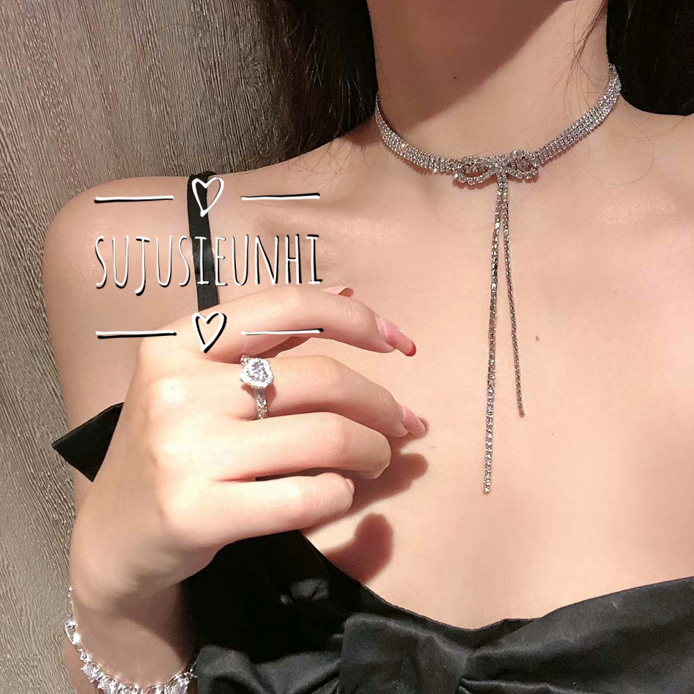 Bộ vòng cổ choker-khuyên tai nơ đính FULL ĐÁ