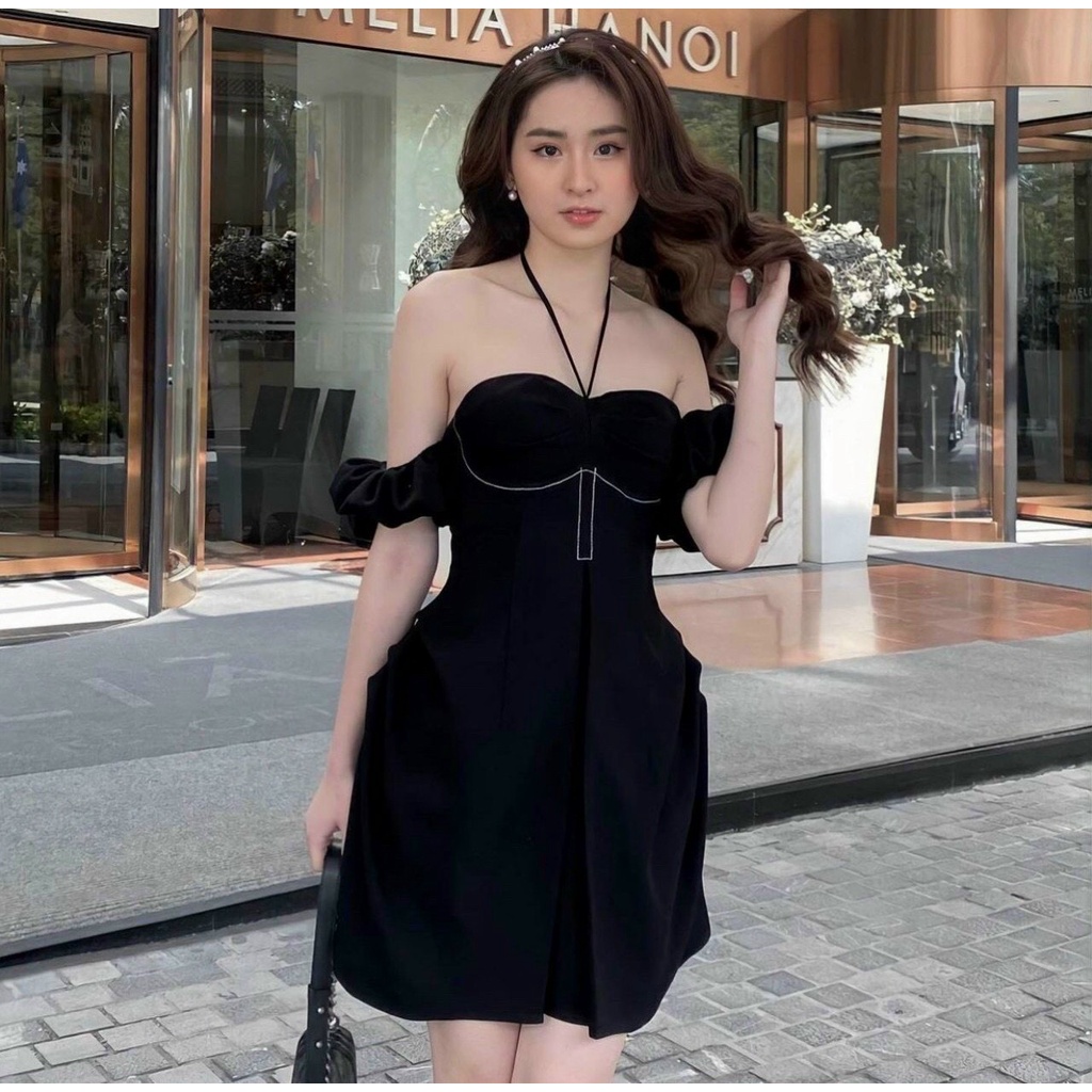 Đầm nữ thời trang mặc đi chơi chất đũi dây cột cổ tay búp trễ vai váy xoè phong cách