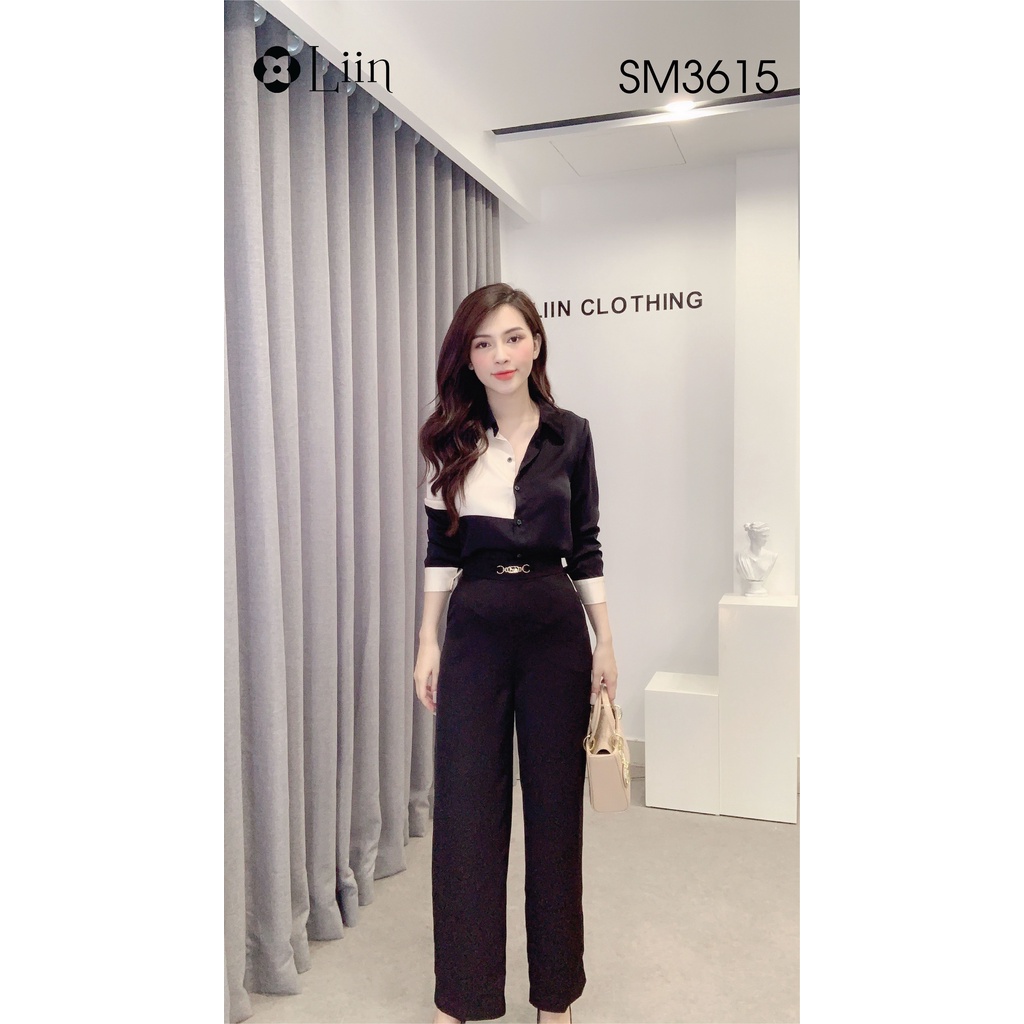 Áo sơ mi chất Lụa màu Đen Phối Trắng phong cách trẻ trung, hiện đại Liin Clothing SM3615