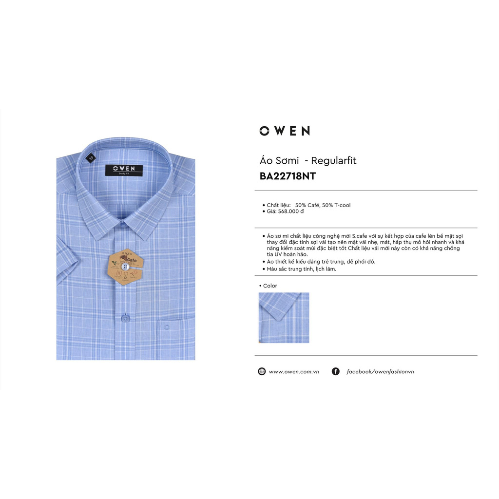 Áo Sơ Mi Nam Ngắn Tay Owen BA22718NT Somi Cộc Tay Công Sở Cao Cấp Xanh Nhạt Kẻ Caro To Chất Cafe Dáng Body Fit Tà Bằng | BigBuy360 - bigbuy360.vn