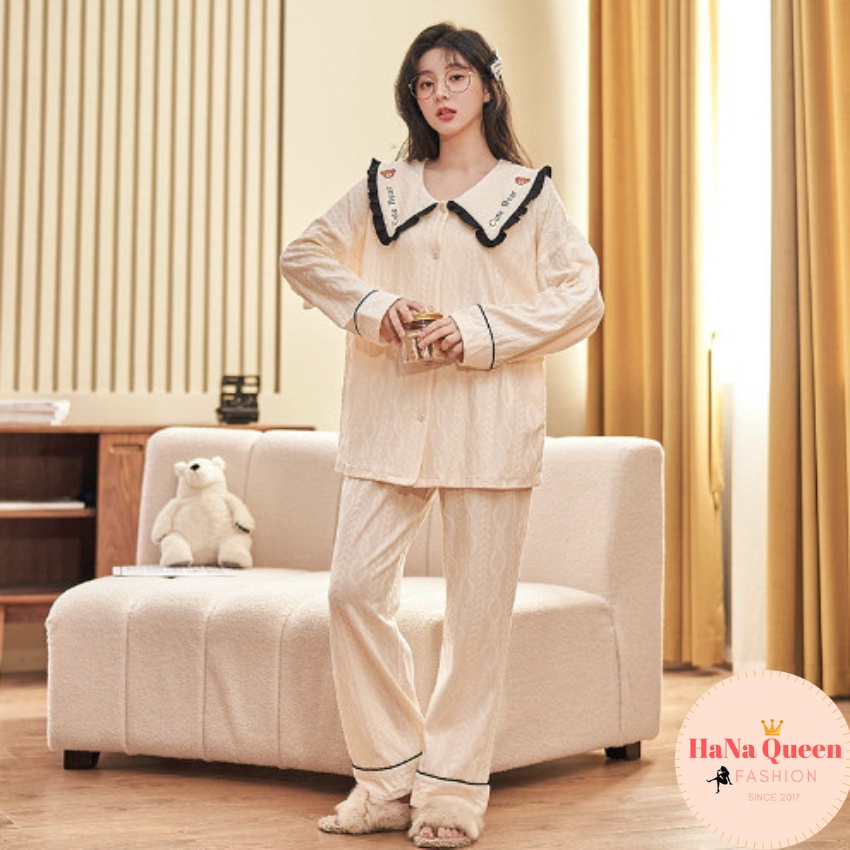 Bộ đồ pijama cổ sen phối bèo chất cotton nhung giữ ấm cực tốt cho mùa đông [Hàng Có sẵn]