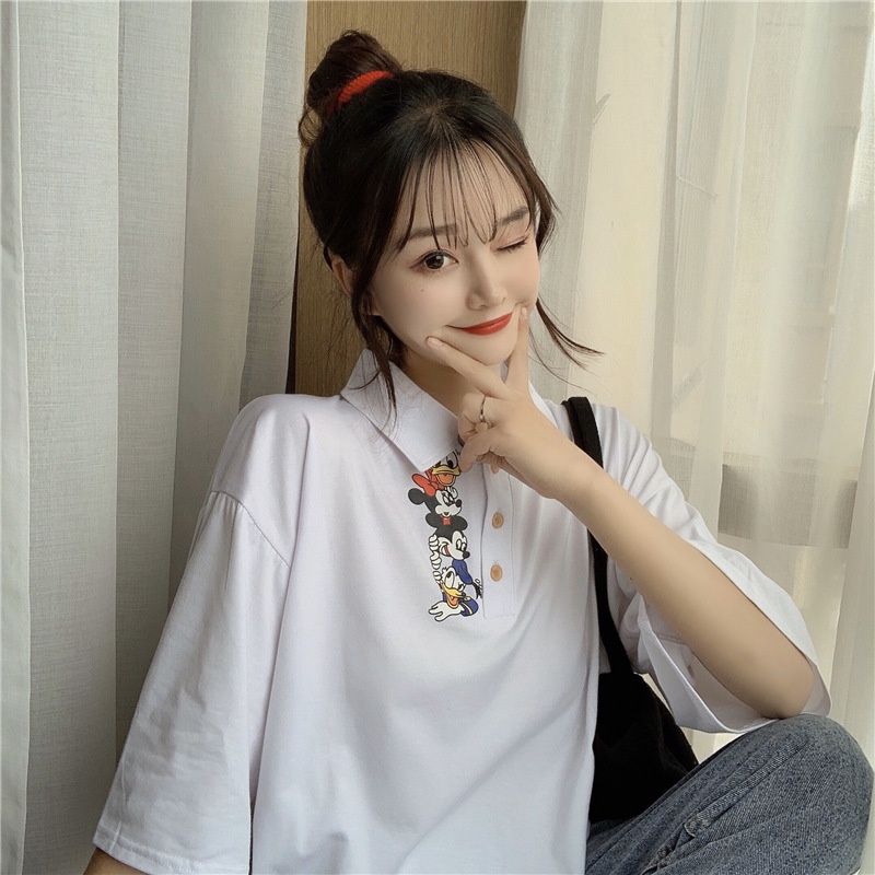 Áo Thun Nữ Form Rộng Có Cổ Trụ Đẹp Chất Cotton Unisex In Chú Vịt Trẻ Trung Năng Nộng TTQ0098