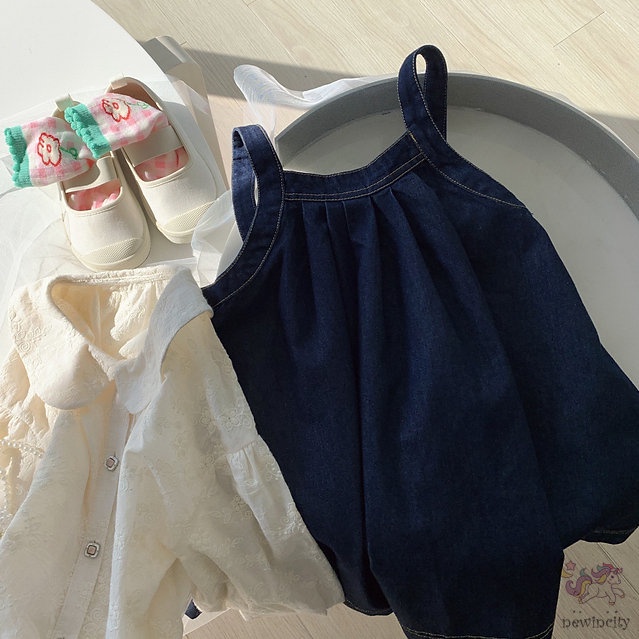 Bộ Đầm Yếm Denim + Áo Sơ Mi Thêu Họa Tiết Xinh Xắn Theo Phong Cách Hàn Quốc Dành Cho Bé Gái