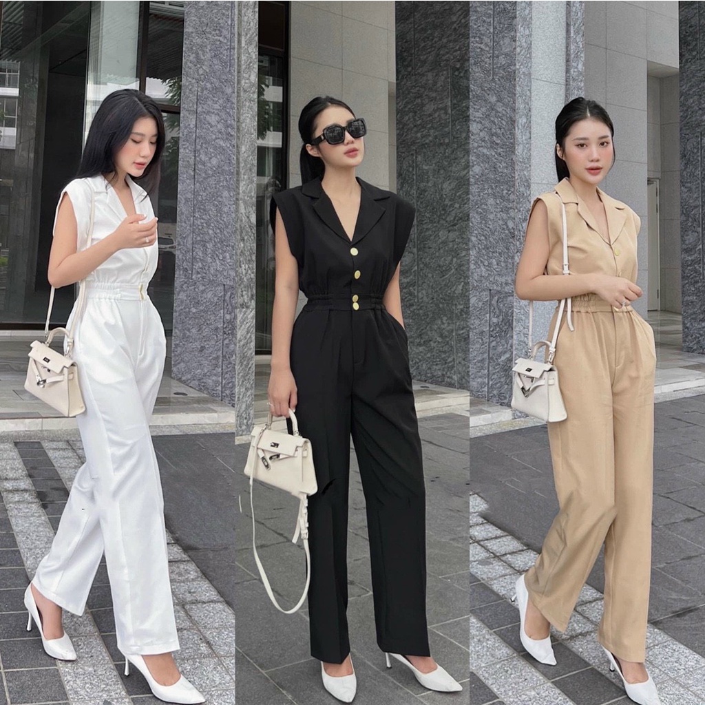 Jumpsuit nữ sát nách quần dài thắt eo sang chảnh 3M đen, trắng, nude NPSET032