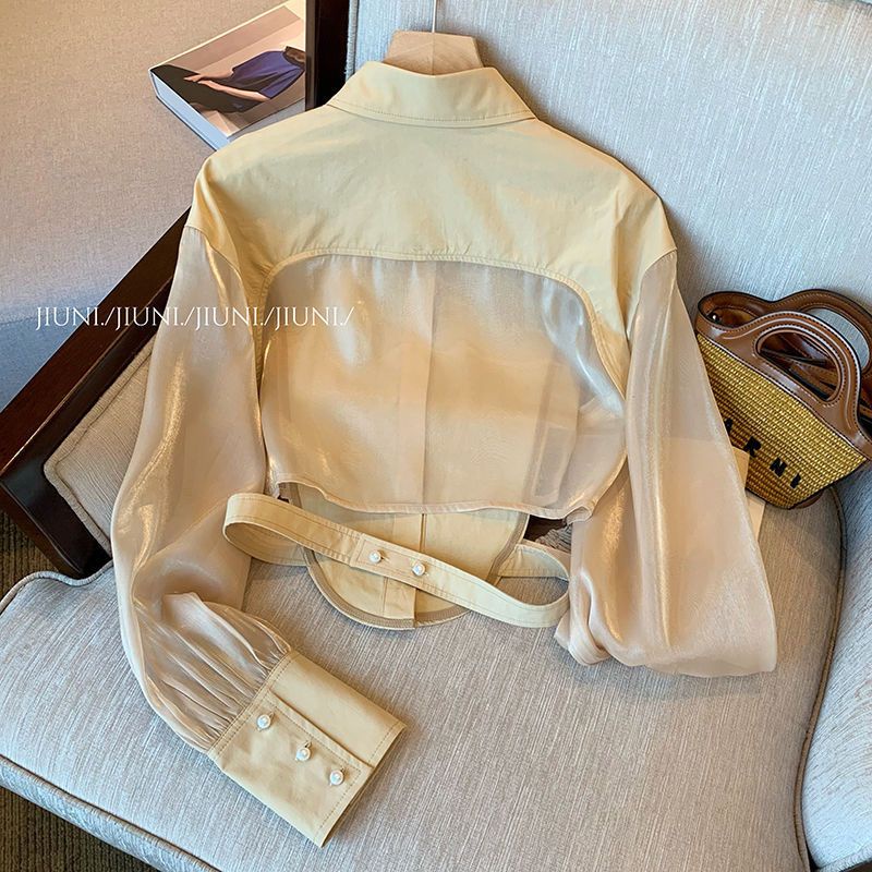 Design sensitive gauze spliced shirt Women's summer 2022 new American retro style thin jacket minority