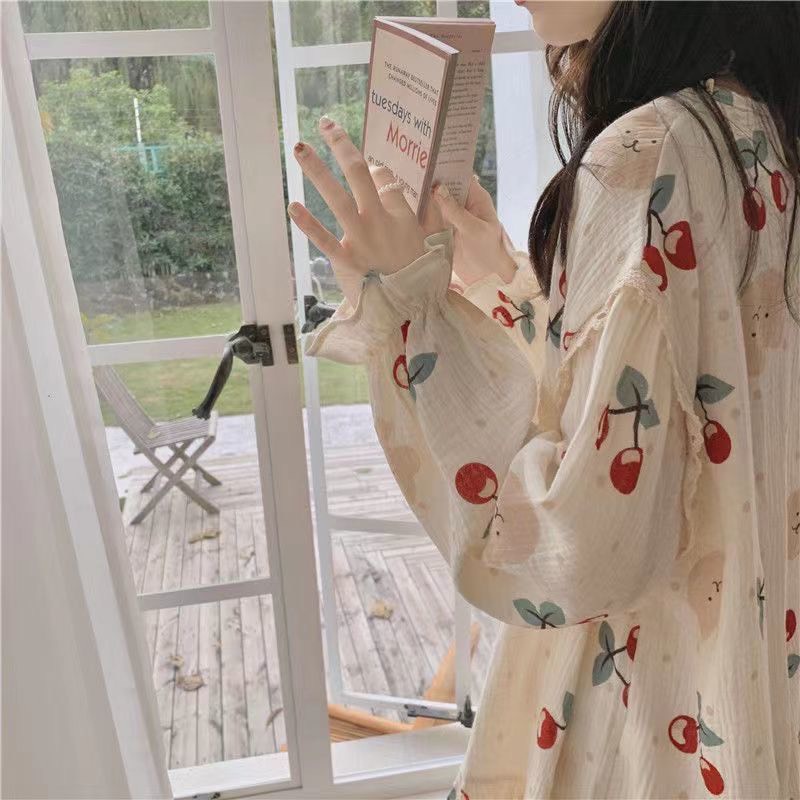 Bộ Ngủ Mặc Nhà Cotton Dài Tay Cherry và Gấu Siêu Cute Bộ Phối Viền Đũi
