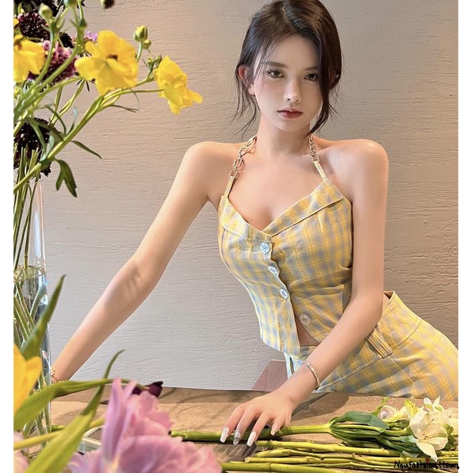 Set Áo Lửng 2 Dây Hở Lưng + Chân Váy Ngắn Lưng Cao Phong Cách Vintage Thời Trang Mùa Hè Cho Nữ Y2K