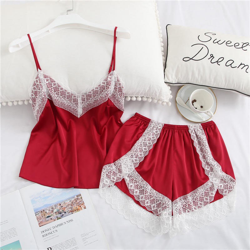 Bộ Đồ Ngủ Vải Lụa satin Phối Ren Quyến Rũ Cho Nữ