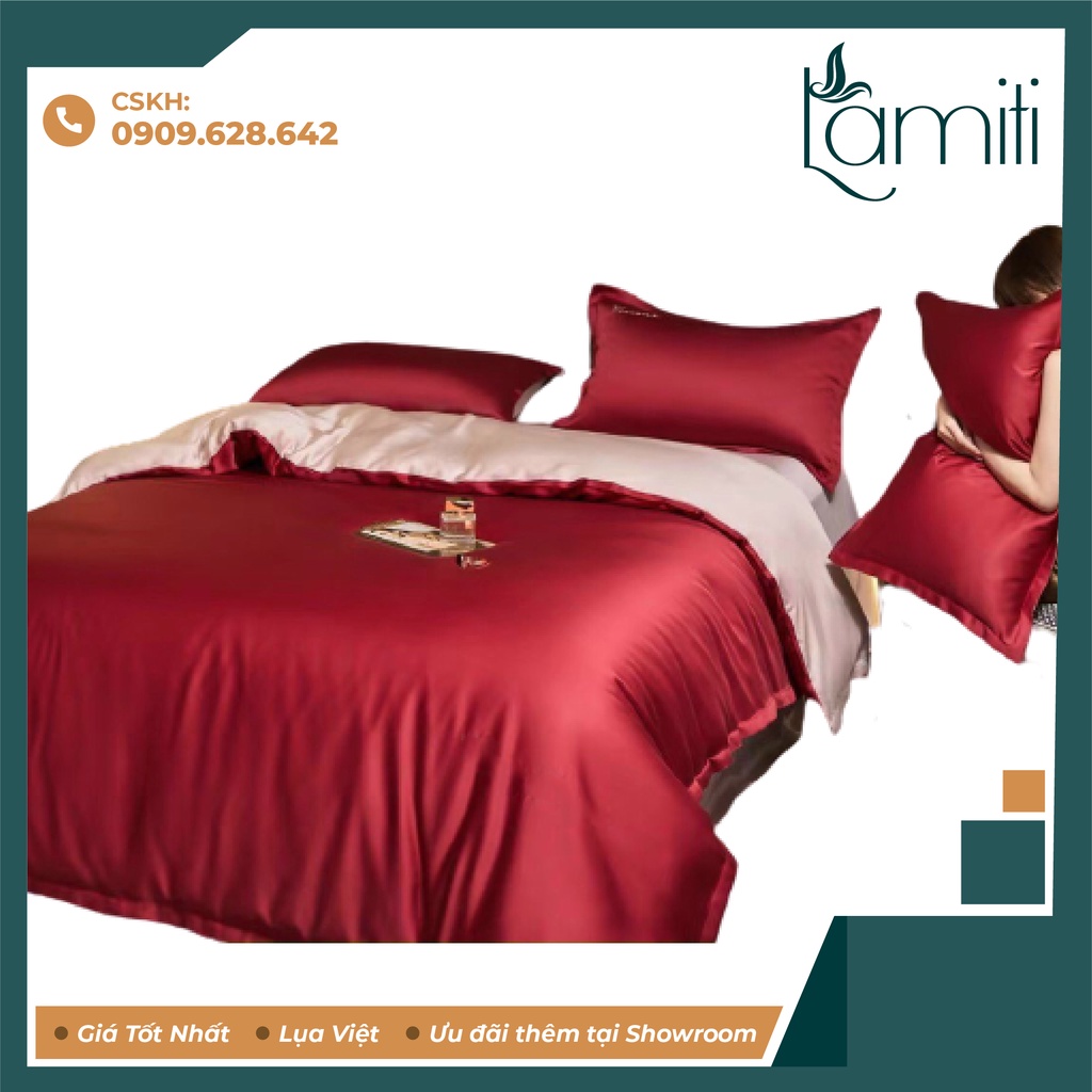 Ga giường phi lụa   Lamiti hàng loại 1 giá tận xưởng bao bì đẹp chất mát mềm mịn - đỏ tươi phối hồng phấn