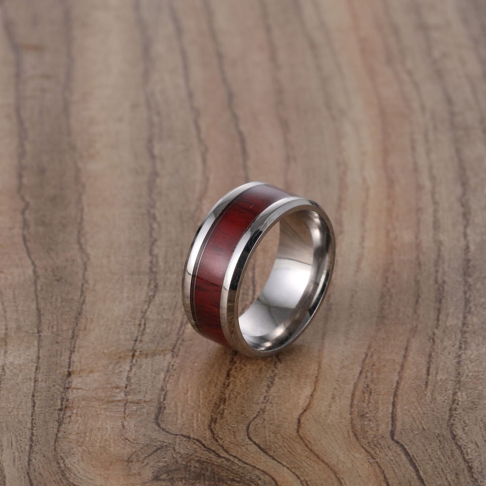 Nhẫn nam nữ tròn Unisex màu bạc đỏ Thời trang Kuu Studio chất liệu Titan đẹp đơn giản - Nhẫn Red Wood