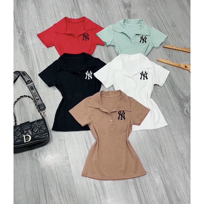 Áo thun body cổ bẻ thêu chữ NY