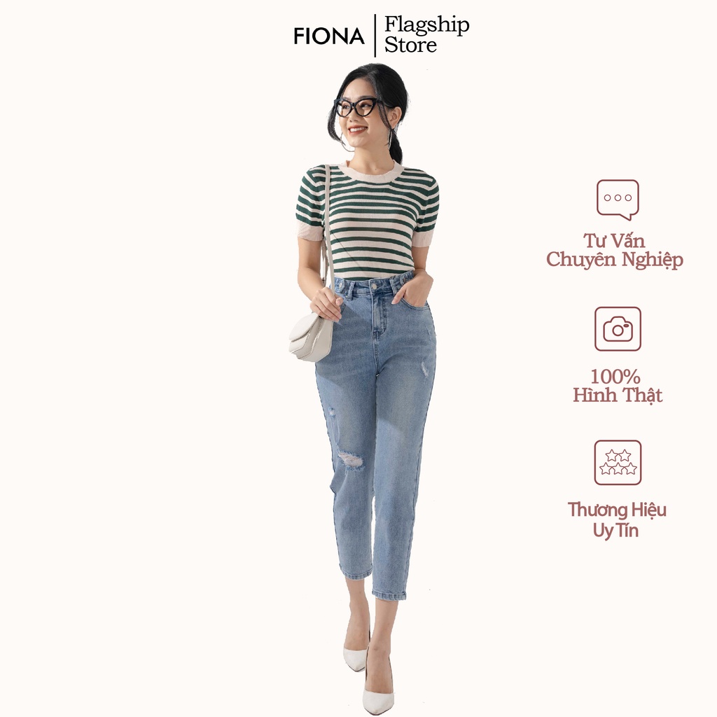 Áo Len Cộc Tay Nữ FIONA, Áo Len Kẻ Ngang Thu Đông Mã F850727