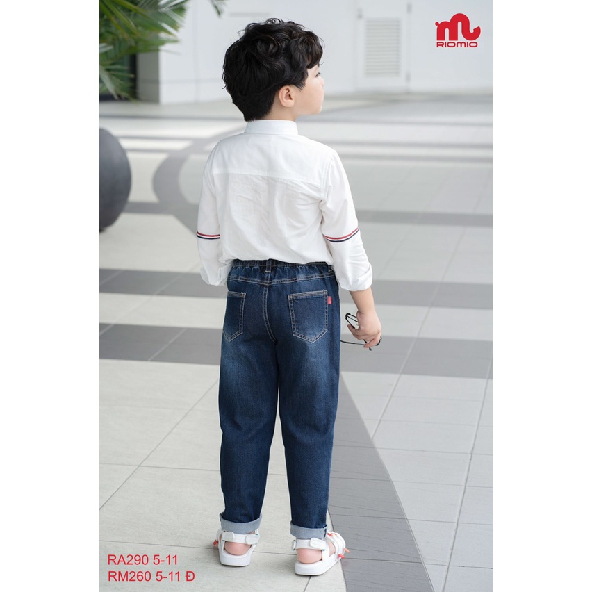 Áo sơ mi trắng bé trai 4-12 tuổi hãng Riomio phối kẻ, Sơ dài tay cho bé vải thô mềm kiểu dáng thời trang