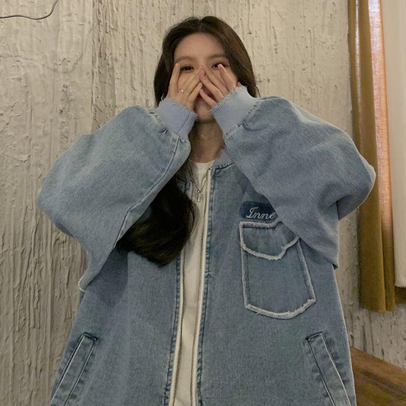 Áo khoác denim dáng rộng phối khóa kéo thời trang mùa thu phong cách retro Mỹ cho nữ