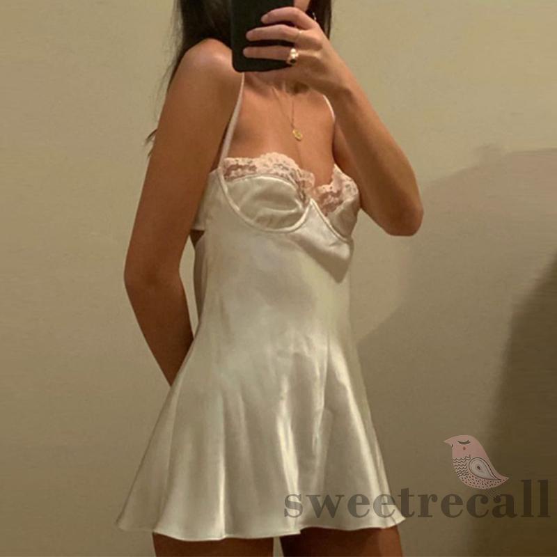 Đầm mini hai dây hở lưng phối ren màu sắc thời trang cho nữ