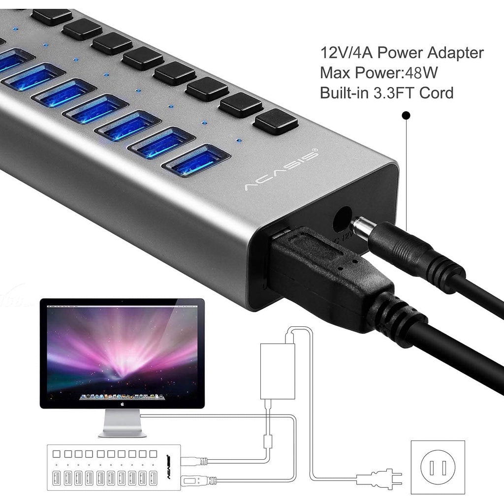 Bộ Chia USB 3.0 16 Cổng ACASIS - Nguồn 12V 7.5A - HUB USB 16 Port