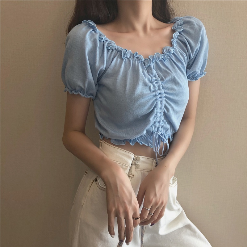 Áo trễ vai dáng croptop kiểu rút dây, Áo croptop len tăm kiểu hở vai rúm ngực Hàn Quốc C75 - Maoshop