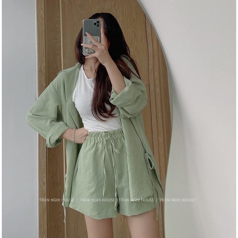 SET 3 MÓN : ÁO SƠ MI + ÁO SÁT NÁCH TRẮNG + QUẦN SHORT LƯNG THUN