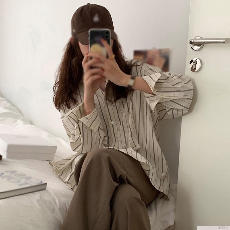 Áo sơ mi tay dài dáng rộng họa tiết sọc phong cách Hàn Quốc thời trang cho nữ