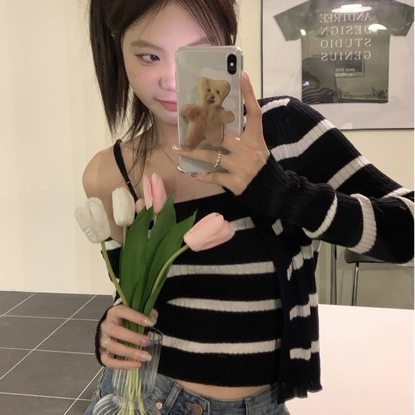 Set áo cardigan tay dài + áo hai dây ZHELIHANGFEI dệt kim họa tiết kẻ sọc gợi cảm dễ phối đồ cho nữ