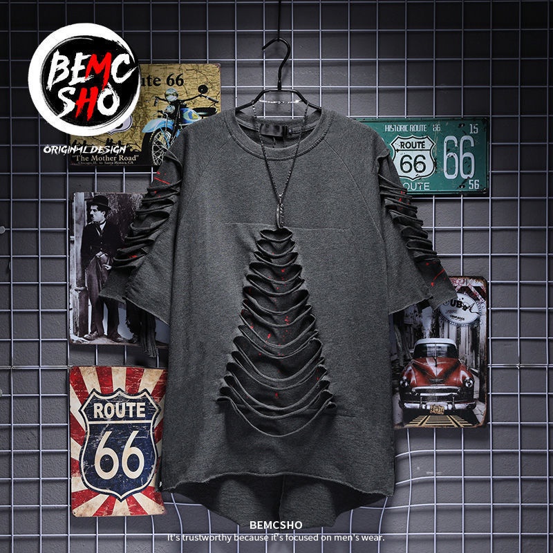 Áo Thun Tay Lỡ Form Rộng Thiết Kế Xẻ Rách Phong Cách Hip Hop Âu Mỹ