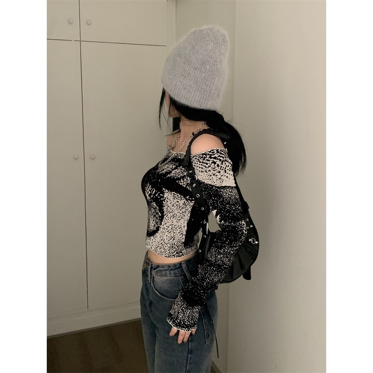 QKOOLE  Áo Dệt Kim Tay Dài Hở Vai Quyến Rũ Thời Trang Phong Cách Hàn Quốc Cho Nữ