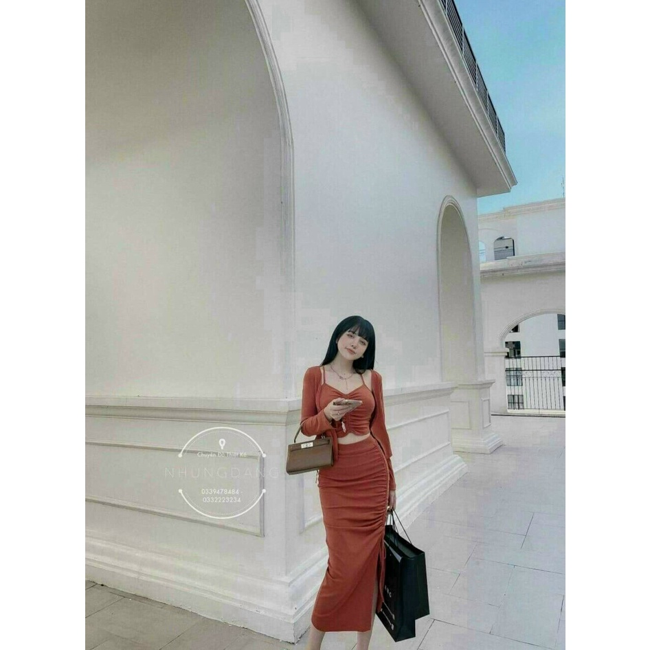 Set đầm rút dây kèm áo khoác chất tăm gân siêu đẹp