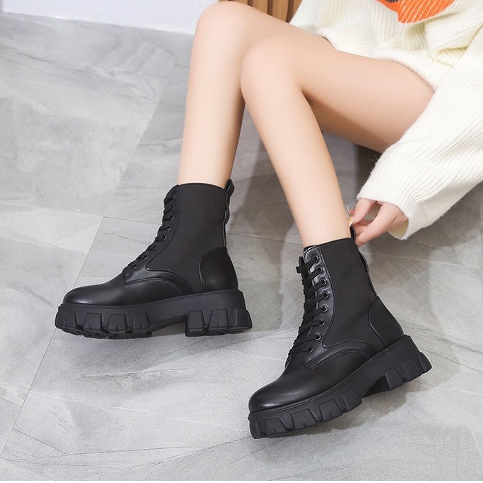 Giày nữ boot nữ  giày đế cao bốt nữ giày boot nữCộng với kích thước giày nữ 35 kích thước - 43 kích thước giày Martin giày nữ đầu máy khởi động màu đen ngắn khởi động