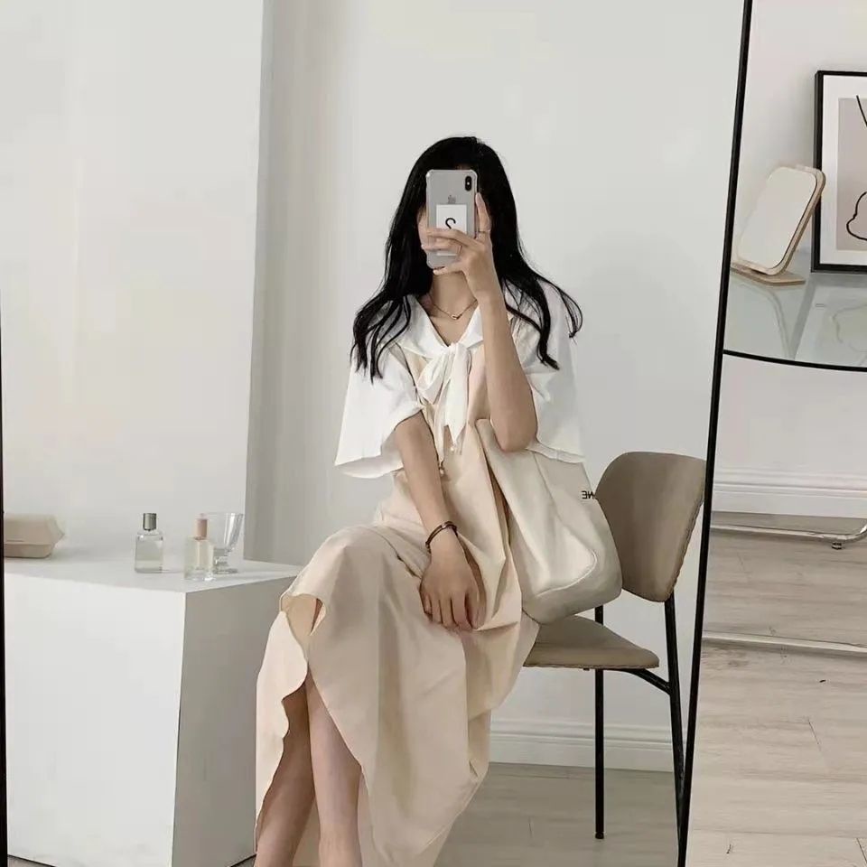 Set áo sơ mi + đầm yếm thắt nơ Perty thời trang Hàn Quốc xinh xắn cho nữ