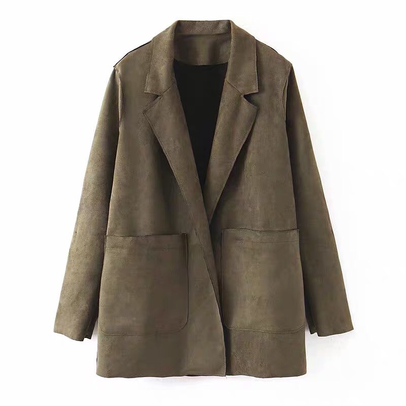 Áo khoác blazer giả da lộn túi nổi
