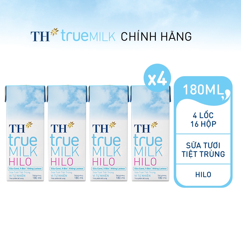 4 Lốc sữa tươi tiệt trùng TH True Milk HILO 180ml (180ml x 4 hộp)
