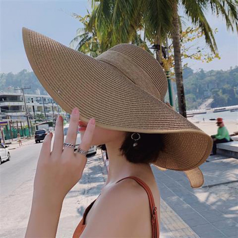 Nón Cói Chống Nắng Vành Siêu Rộng Đi Biển Phối Dây Nơ Kem R1889