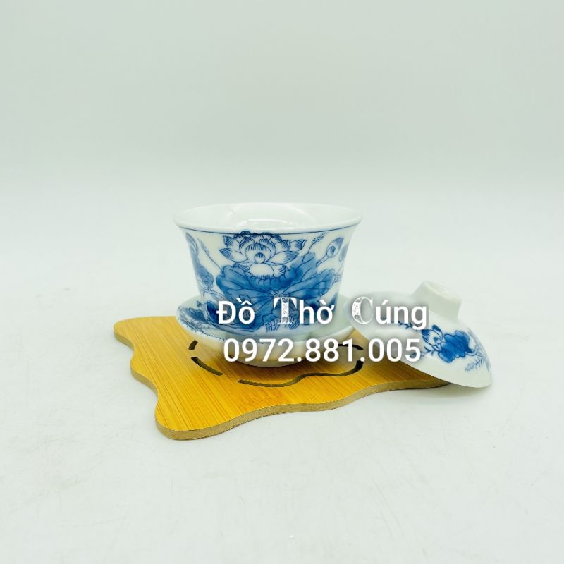 Bát sâm uống trà cổ men lam vẽ Sen , Bát trà thờ