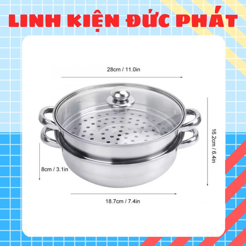 NỒI HẤP 2 TẦNG INOX ĐƯỜNG KÍNH 28CM, CAO 21.5 CM CÓ VUNG KÍNH